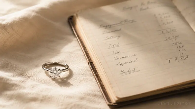 Vintage-style still-life on cream linen: a single engagement ring beside an open ledger with handwritten dollar figures, soft editorial daylight.