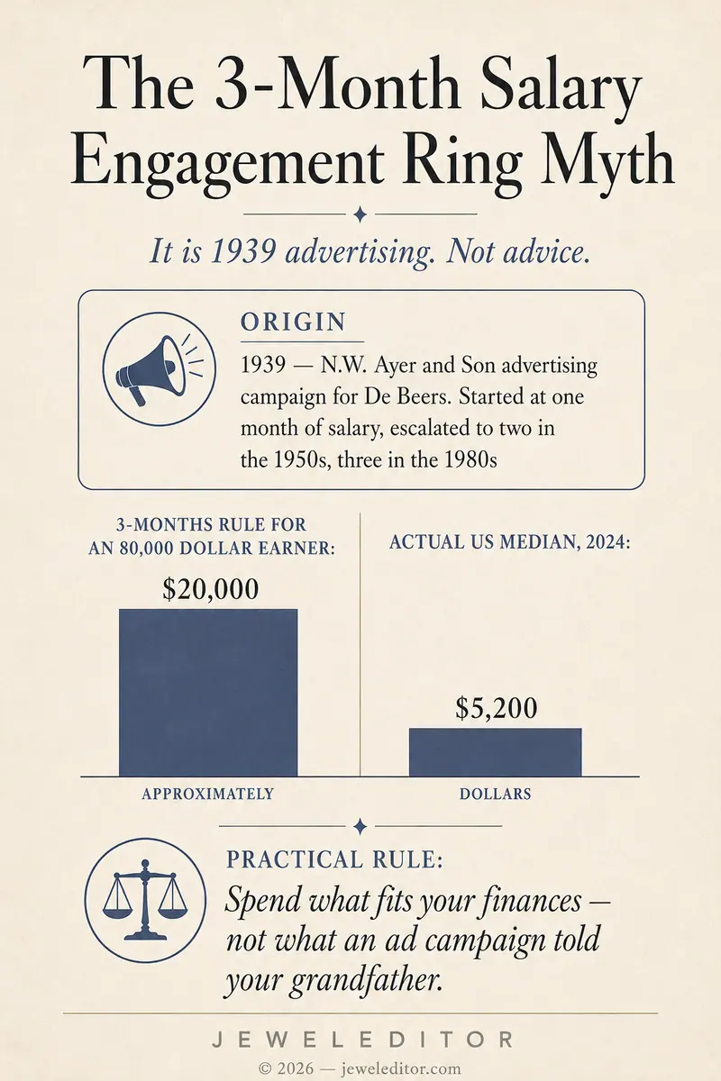 Infographic (The 3-Month Salary Engagement Ring Myth): 1939 De Beers ad origin, actual US median $5,200, what to spend instead.