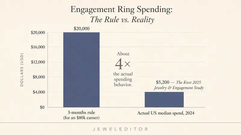 Two-bar editorial chart: left a tall bar 'rule (3 months at $80K earner)' showing ~$20K; right a short bar 'actual median, The Knot 2025' $5,200.