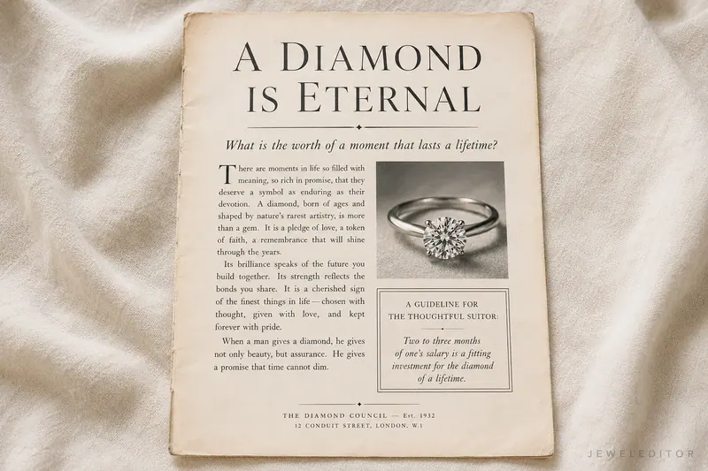 Vintage-style printed page evocative of mid-20th-century De Beers engagement-ring ads, photographed flat on cream linen (editorial archival cue).
