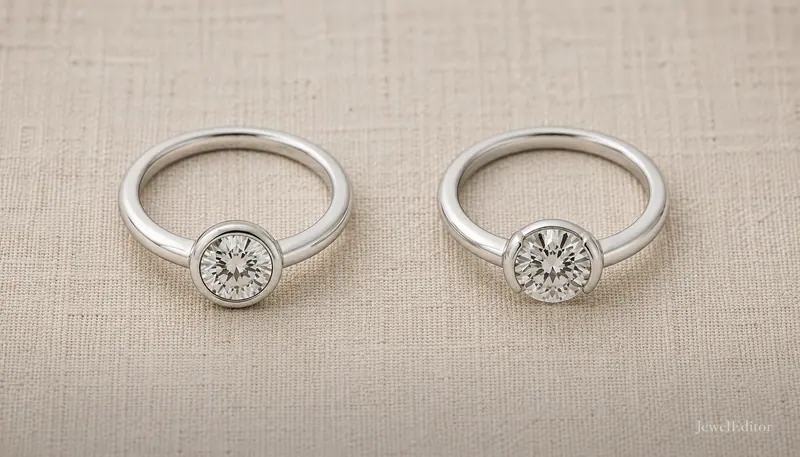 Two round-brilliant diamond engagement rings on cream linen: left a full bezel, right a half bezel; same stones, two rim configurations.