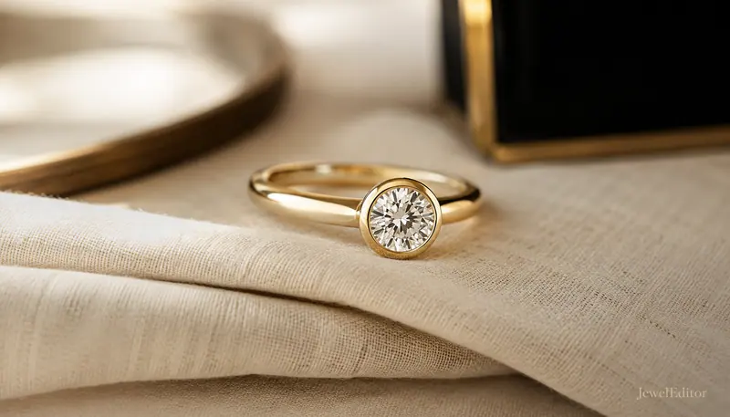 Round-brilliant diamond engagement ring in a low-profile full bezel setting on cream linen. The metal rim wraps the stone instead of prongs.
