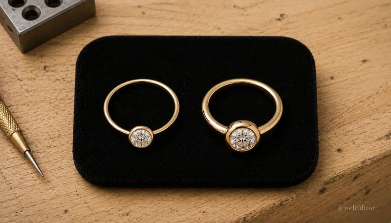 Two bezel-set rings on a black velvet pad: left a thin-walled lower-quality bezel, right a proportionally correct bezel; the comparison cue.