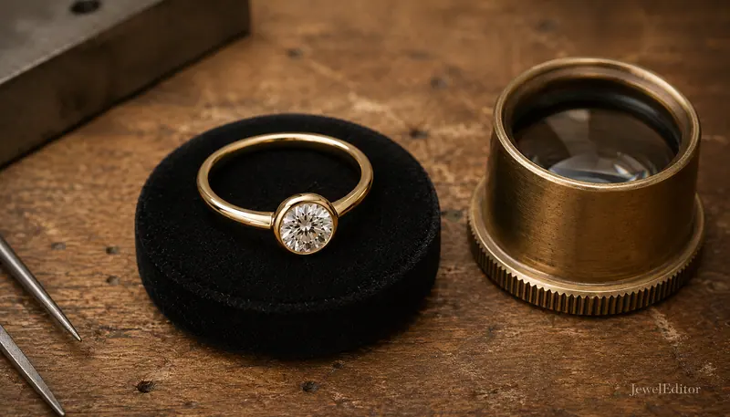 Round-brilliant bezel-set engagement ring on a black velvet display pad beside a vintage brass jeweler's loupe on a wooden workbench.