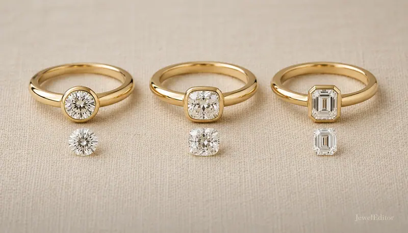 Three bezel-set engagement rings in 14k yellow gold paired with loose stones: round, cushion and emerald cuts; the three shapes that fit bezels.