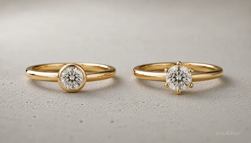 Two engagement rings side profile on pale grey concrete: low-profile bezel (left, 14k yellow gold) vs lifted six-prong solitaire (right).