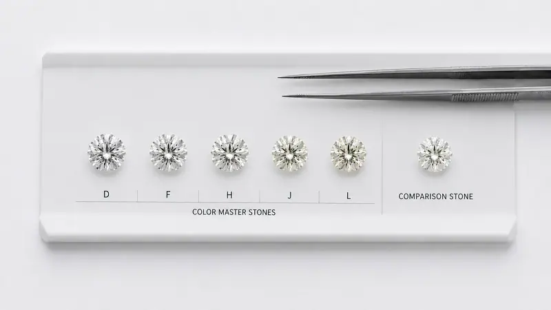 GIA grading tray with a row of round-brilliant master stones under D65 lighting; the stone being graded placed beside them for direct comparison.