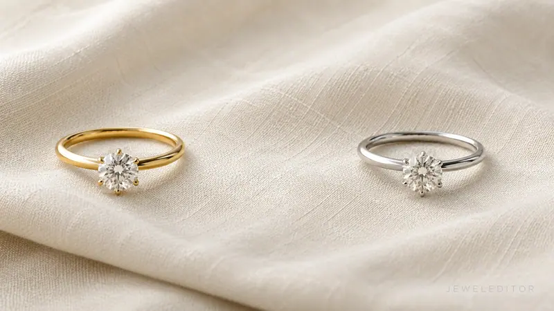 Two engagement rings on cream linen: J-color diamond in yellow gold (warmth masked) vs the same stone in platinum (warmth visible by contrast).