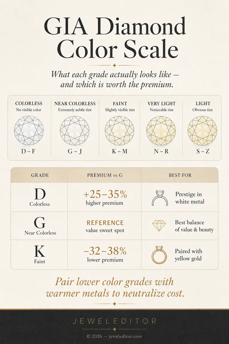 Infographic (GIA diamond color scale at a glance): D-Z grades in five groups, price-vs-G table, the pair-with-warmer-metals rule. JewelEditor mark.