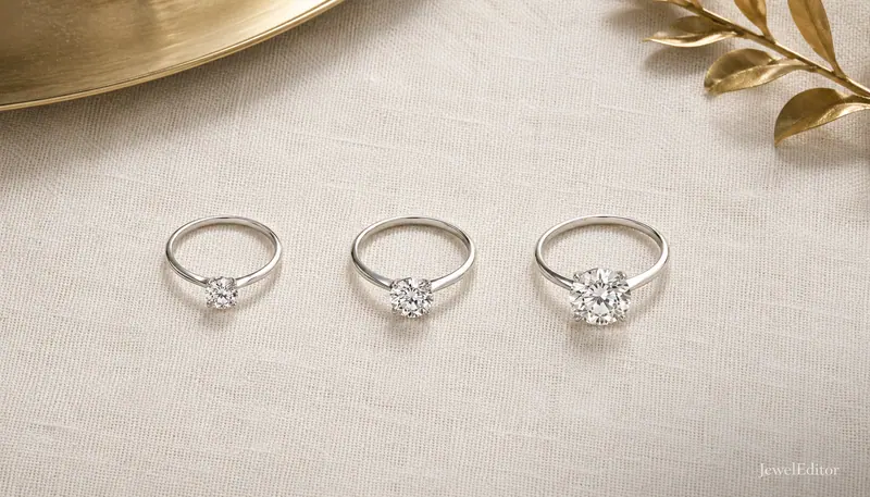 Three round-brilliant diamond solitaire engagement rings of increasing carat size, arranged on cream linen: the visual scale at the $5K budget.