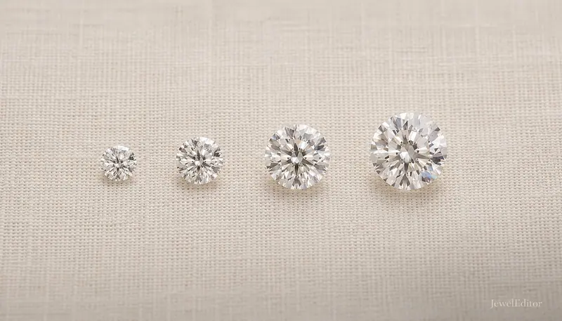 Four round-brilliant loose diamonds in a horizontal row on cream linen, increasing in size: 0.5ct, 1.0ct, 1.5ct, 2.0ct face-up reference.