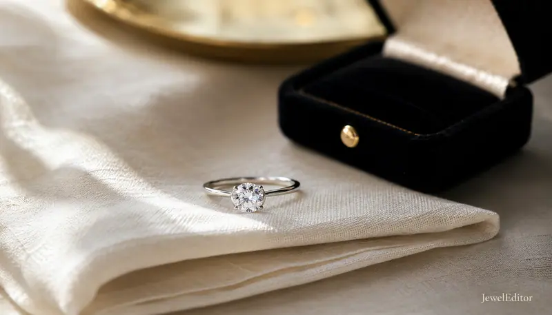Round-brilliant diamond solitaire engagement ring in thin platinum, on folded cream linen beside a half-open ink-black velvet ring box.
