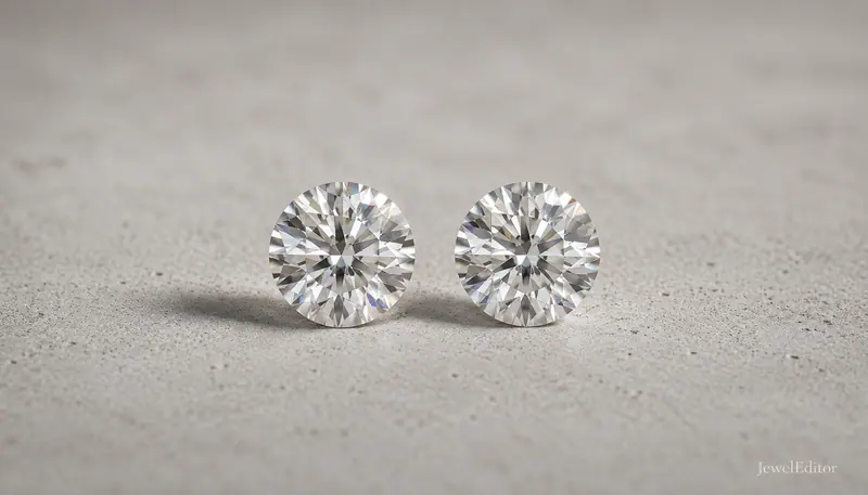 Two visually identical loose round-brilliant diamonds side by side on pale grey concrete: same size, same cut, lab-grown vs natural.