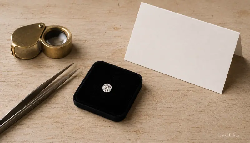 Editorial flat-lay overhead: a corner of a jeweler's workbench corner with a brass loupe, fine-tip tweezers, a loose round-brilliant diamond on a velvet pad and a folded white card.