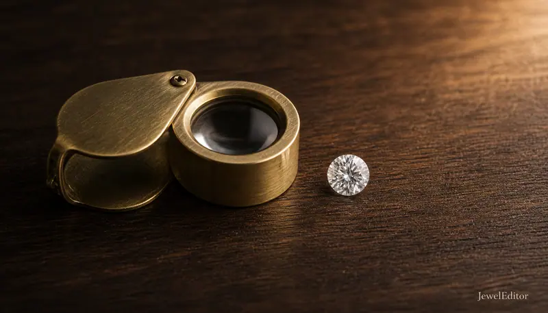 Vintage brass jeweler's loupe on walnut wood with a loose round-brilliant diamond beside it: the post-purchase inspection setup.
