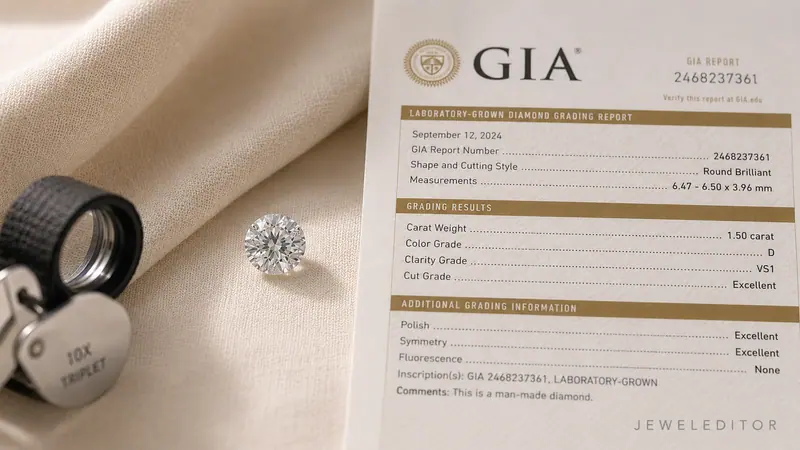 Round-brilliant lab-grown diamond beside a printed GIA grading report on cream linen: the report number aligns with the diamond's inscription.