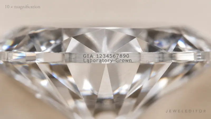 Macro close-up of a diamond's girdle at 10× magnification showing the laser-inscribed GIA report number, the permanent on-stone identifier.