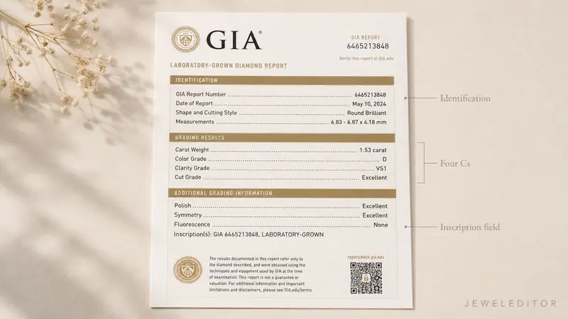 Flat-lay of a printed GIA Laboratory-Grown Diamond Report on cream, key fields labeled: identification, four Cs, polish/symmetry, inscription.