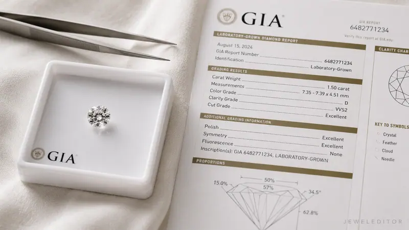 Round-brilliant diamond on a white GIA-style grading tray under soft neutral light, with a printed grading report beside it on cream linen.
