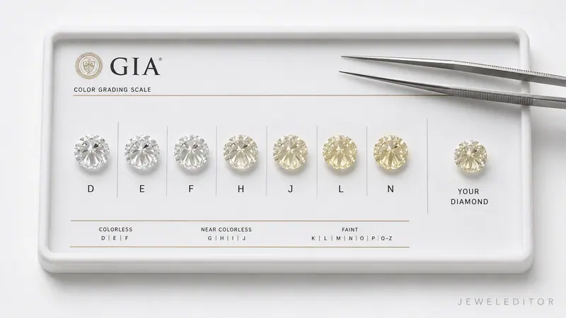 Flat-lay of a GIA-style grading tray with master stones in a row, plus a single diamond placed beside them: the color-grading setup under D65 light.