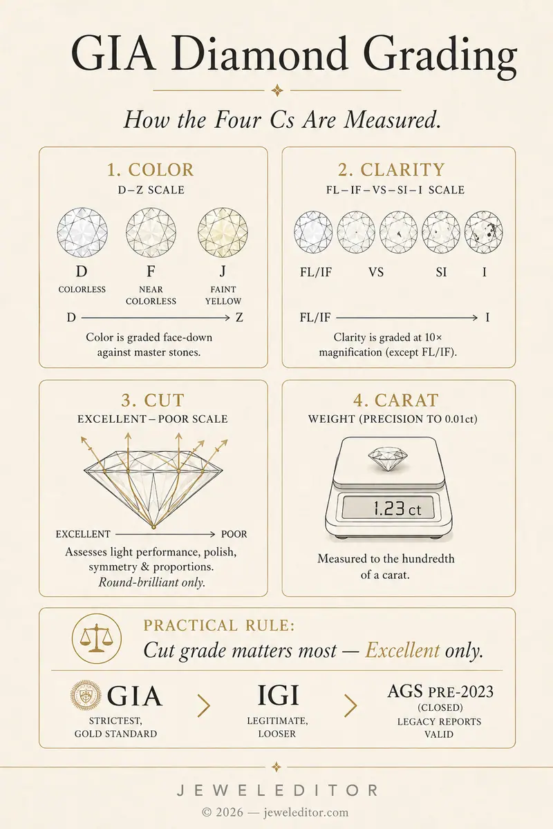 GIA Diamond Grading infographic: how the four Cs are measured. Color D-Z, Clarity FL-I3, Cut Excellent-Poor (round only), Carat to 0.01ct.