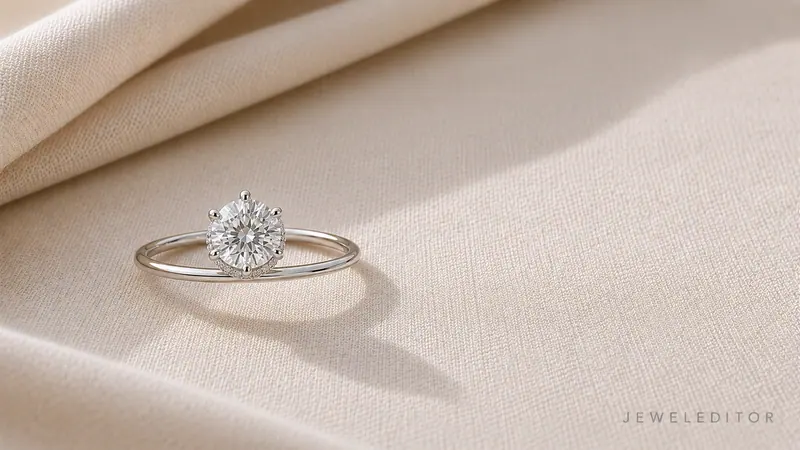 Round-brilliant diamond engagement ring on cream linen from a three-quarter angle, clean solitaire face-up with a hint of the hidden halo below.