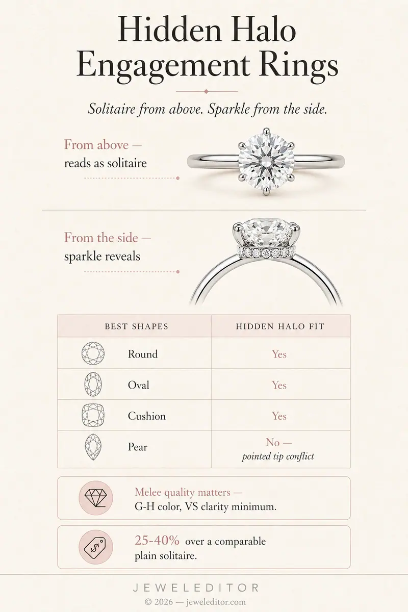 Hidden Halo Engagement Rings infographic: solitaire from above, sparkle from the side. Best shapes round/oval/cushion. 25-40% premium.