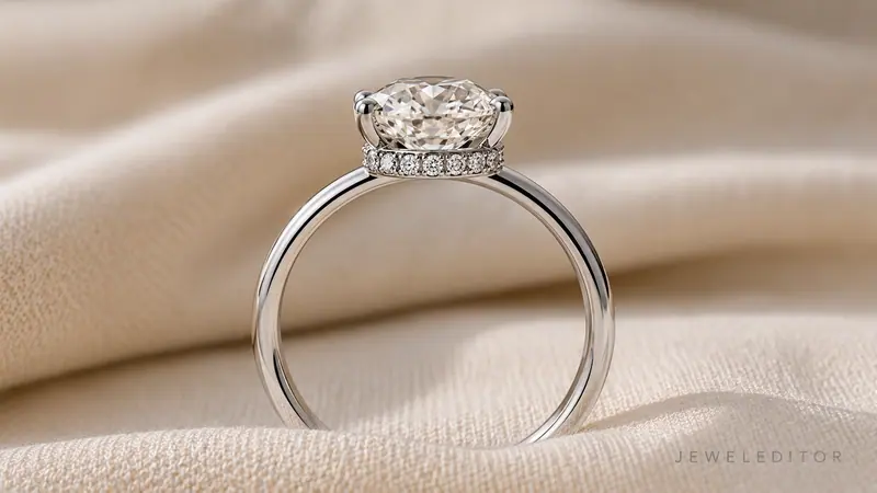 Macro side-profile of a round-brilliant engagement ring: a band of small melee diamonds set into the gallery below the center stone.