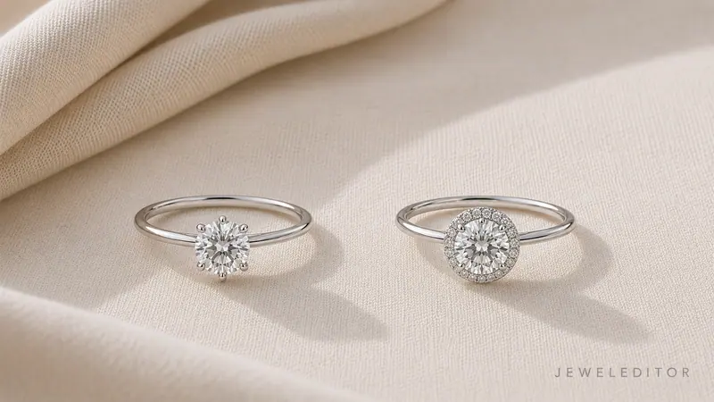 Two engagement rings side by side on cream linen: left a hidden halo (reads as solitaire from above), right a visible halo wrapping the girdle.