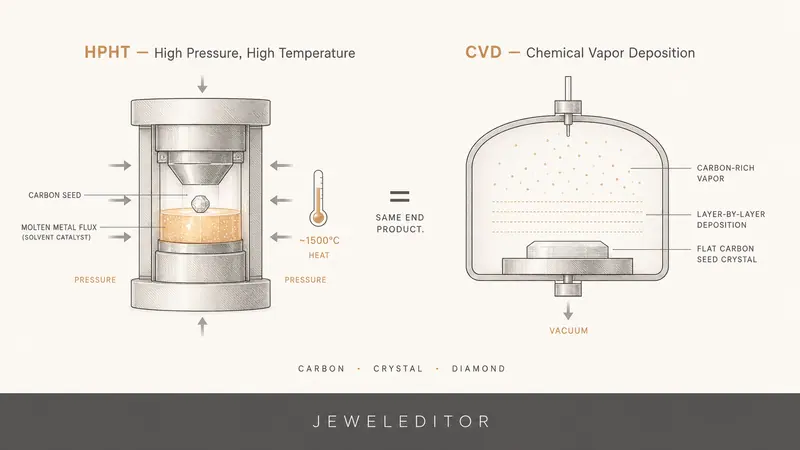 Schematic side-by-side: HPHT (carbon seed in pressurized chamber, left) vs CVD (vapor depositing on a seed crystal, right); same end product.