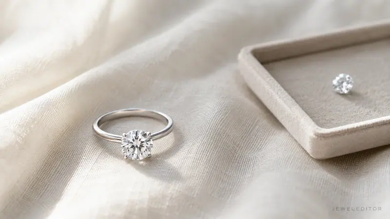 Round-brilliant lab-grown diamond solitaire engagement ring in thin platinum on cream linen, visually identical to a natural diamond at this scale.