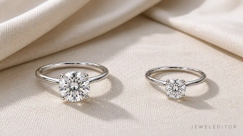 Two engagement rings on cream linen: left a 1.5-carat lab-grown stone, right a 0.7-carat natural; both platinum solitaires, same $5K budget.
