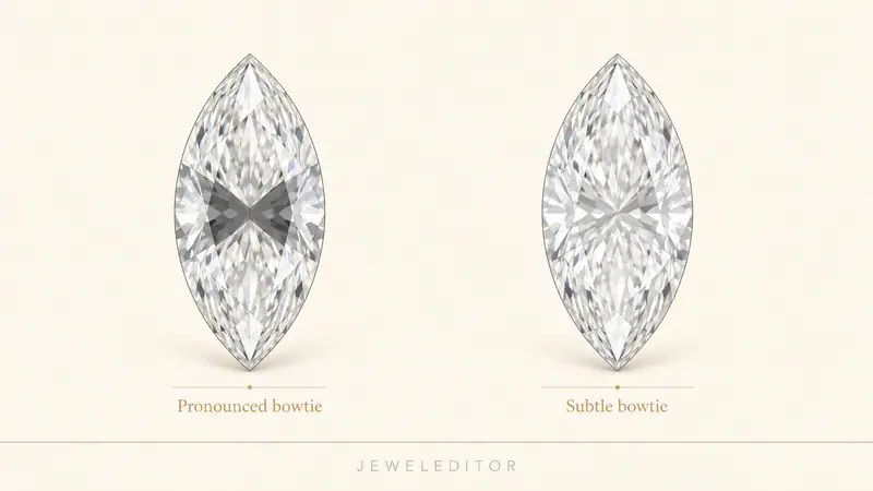 Schematic: two marquise diamonds at the same L:W ratio. Left a pronounced bowtie (dark V-band across center), right a subtle bowtie.