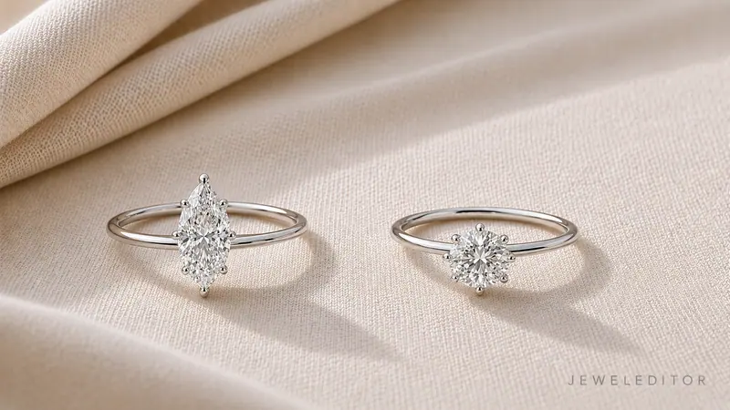 Two engagement rings on cream linen: left a 1.0-ct marquise in six-prong platinum with V-tip protection, right a 1.0-ct round-brilliant.