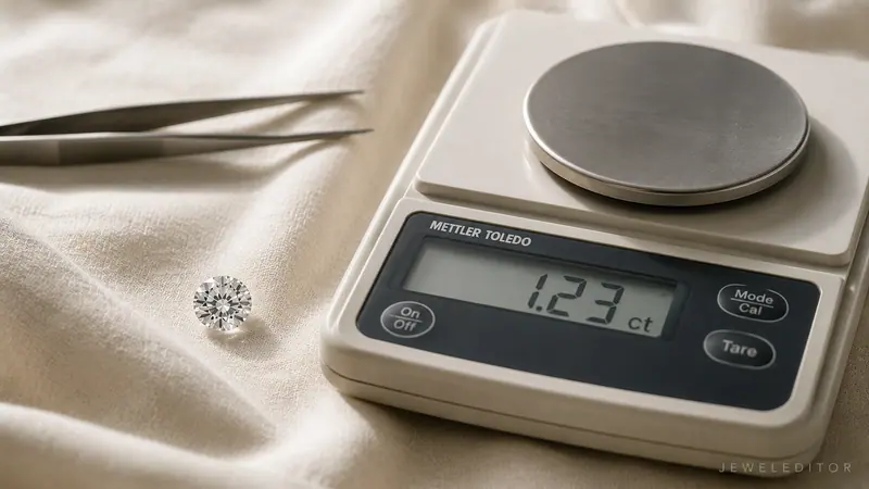 Loose round-brilliant diamond beside a precise gemological scale on cream linen, the editorial setup of how carat weight is measured.