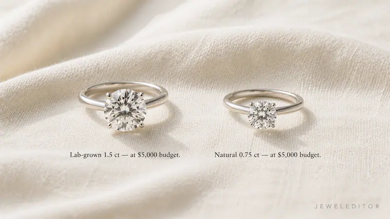 Two round-brilliant diamonds on cream linen: left a 1.5-carat lab-grown, right a 0.75-carat natural; both at the same $5,000 budget.