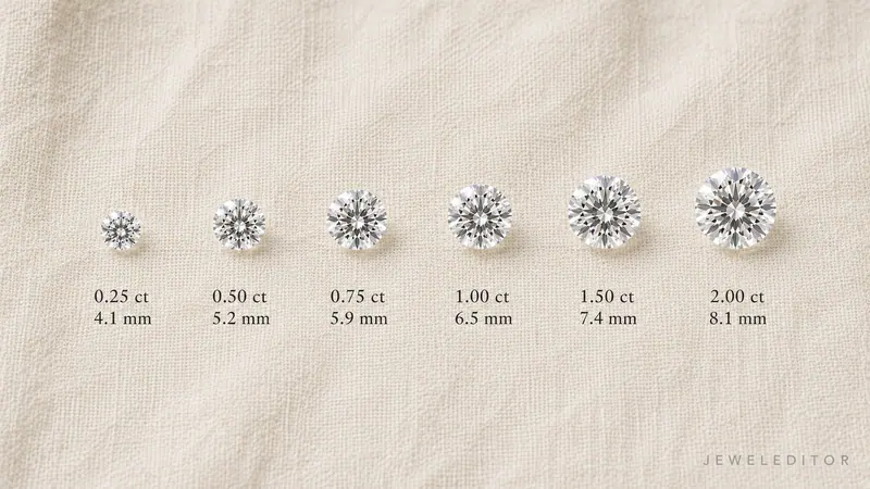 Flat-lay of six round-brilliant diamonds in a row on cream linen, increasing in size: 0.25, 0.50, 0.75, 1.00, 1.50, 2.00 carats (face-up reference).
