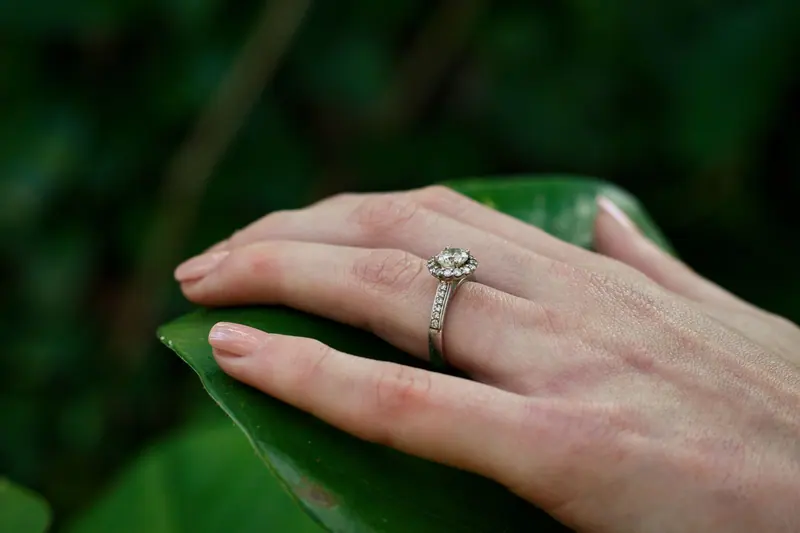 Hand wearing a diamond engagement ring, resting on a green leaf